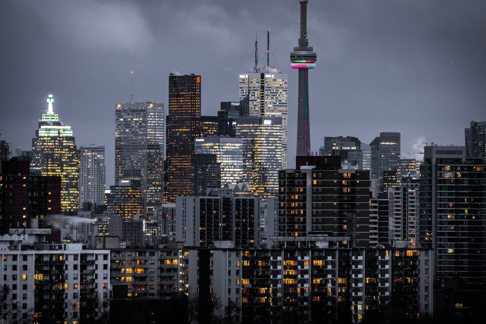 A downtown financial district skyline at dusk