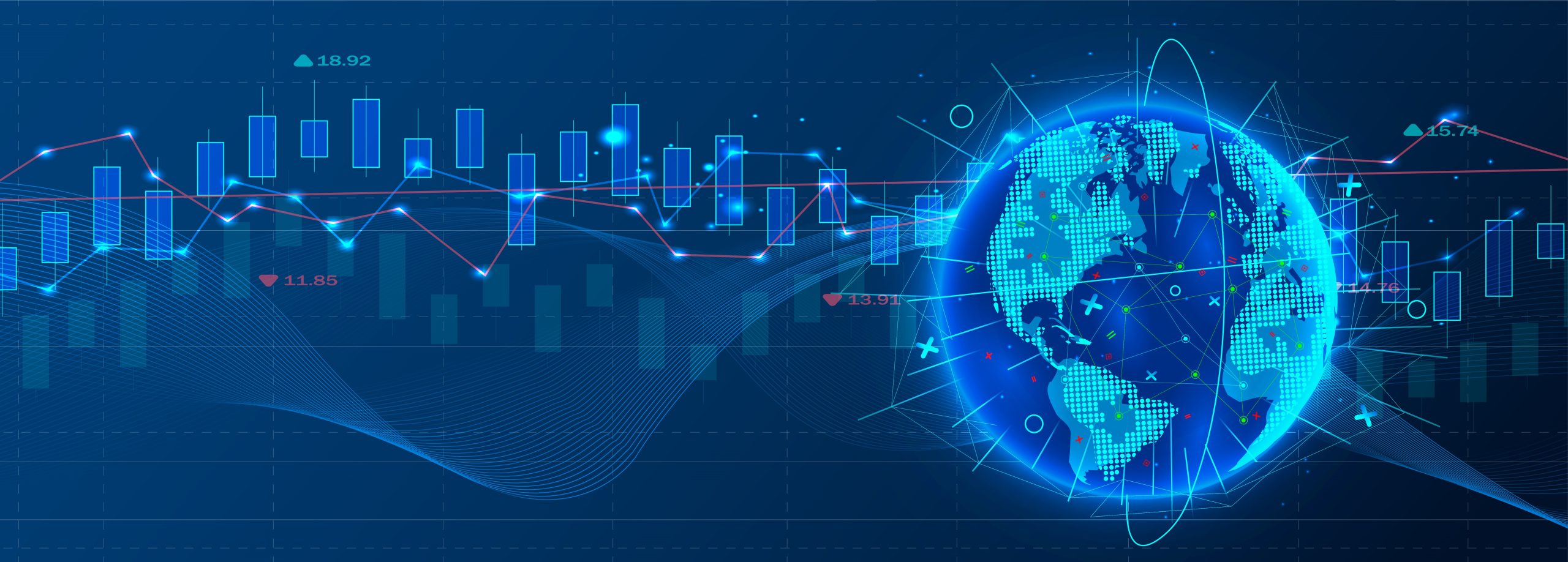 A digital globe overlaid with price chart lines on a blue background