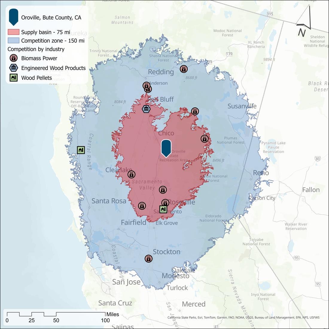 Supply basin (75 mi) and Competition Zone (150 mi) with Oroville as centre point