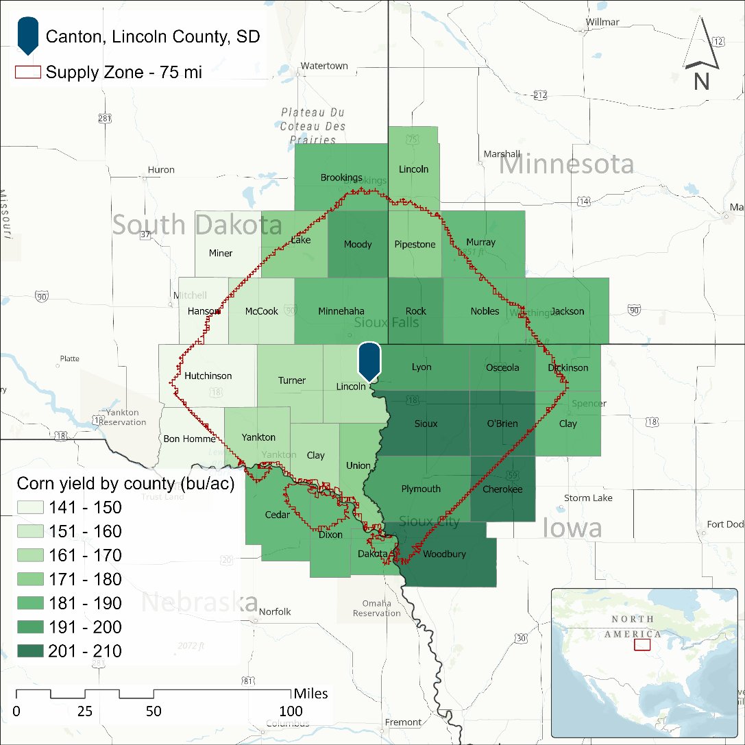 Corn yield by county across the Supply Zone