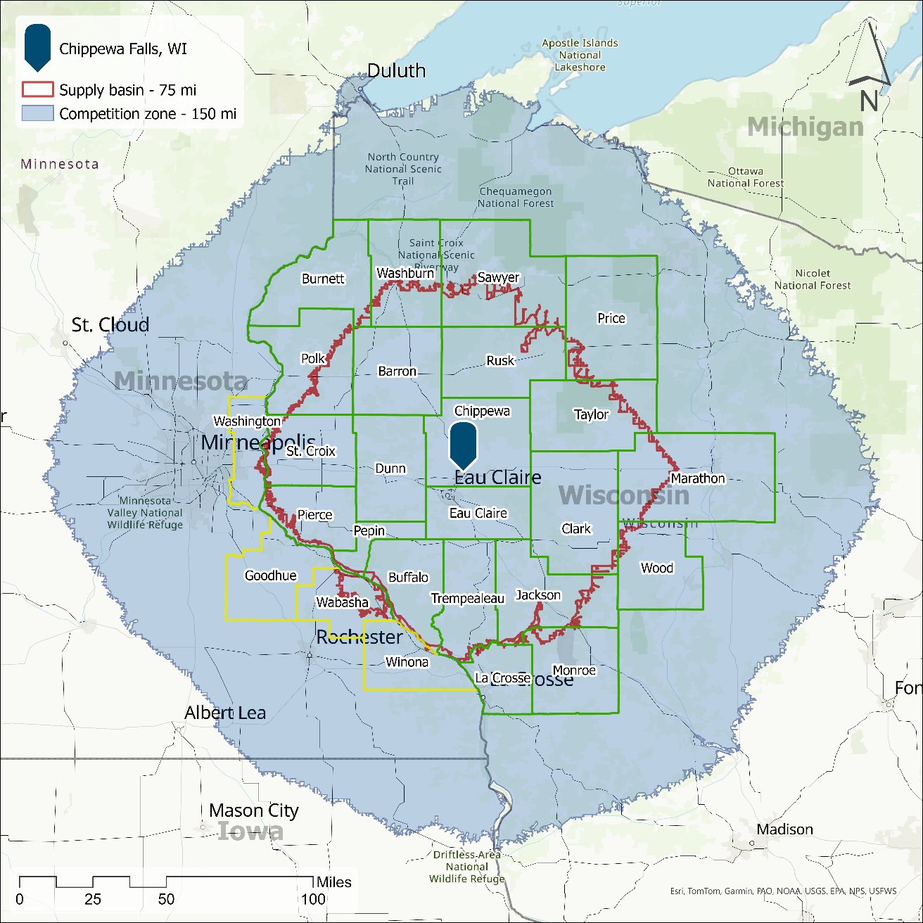 Counties within the Supply Zone, with the outer limits of the Competition Zone