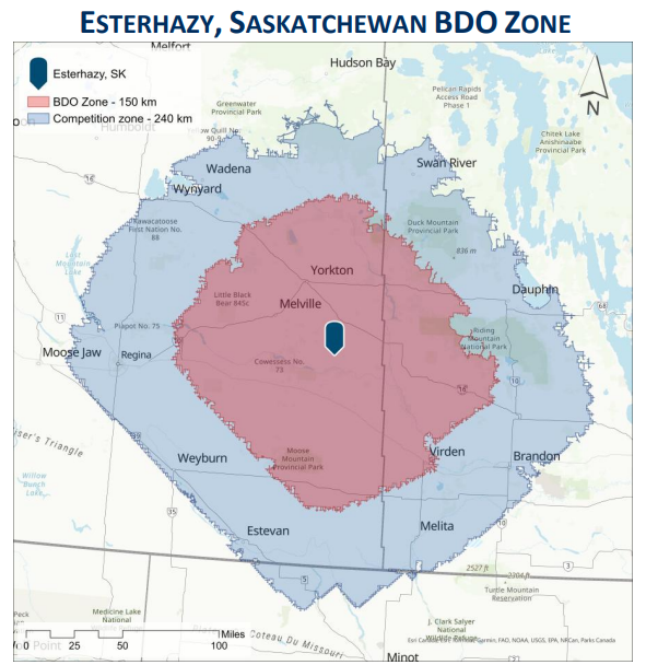 Esterhazy, Saskatchewan BDO Zone — 150-km zone and 240-km competition zone