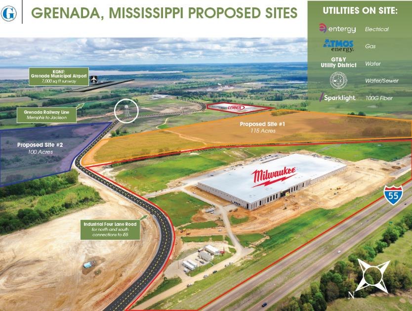 Proposed sites and available utilities — Site #1 (115 acres) and Site #2 (100 acres)