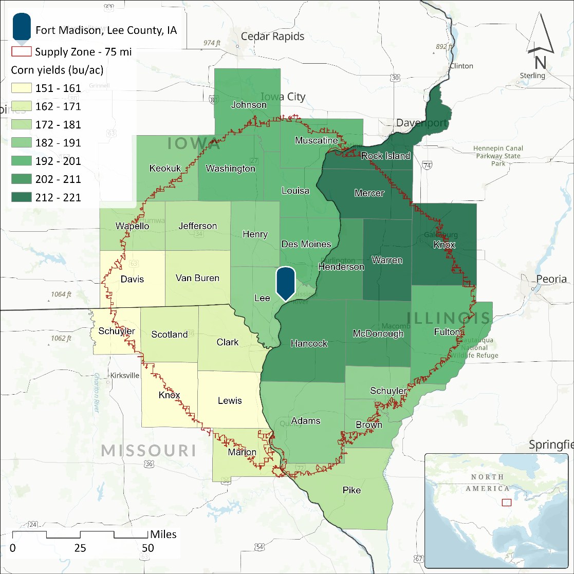 Supply Zone — location and corn yield values, by county