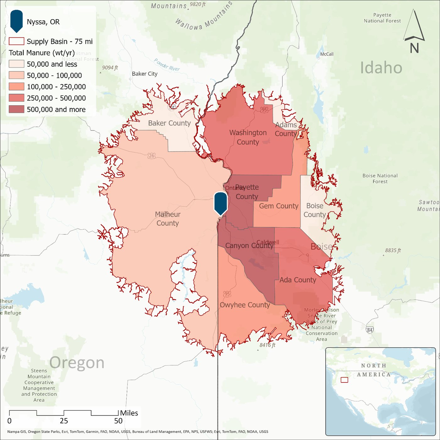Total manure generation by county across the Supply Basin