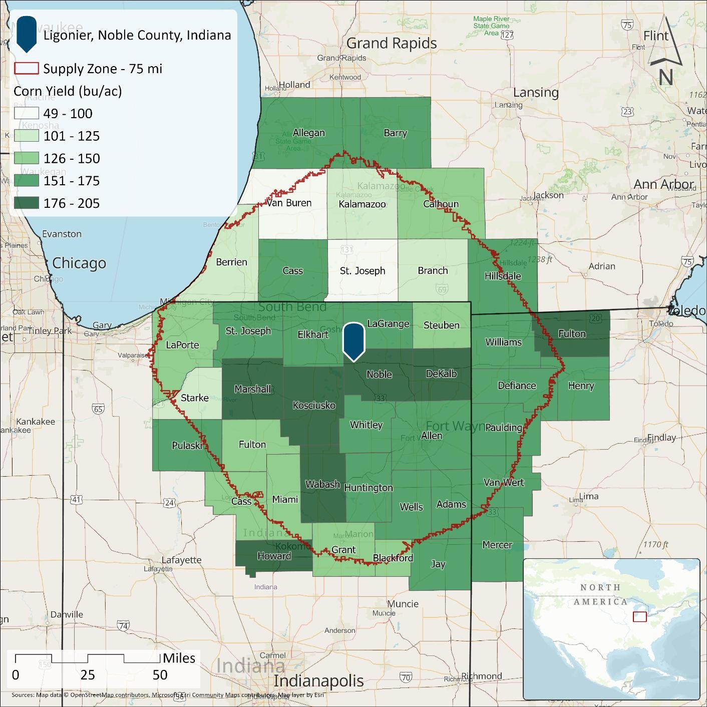 Corn yield by county across the Supply Zone