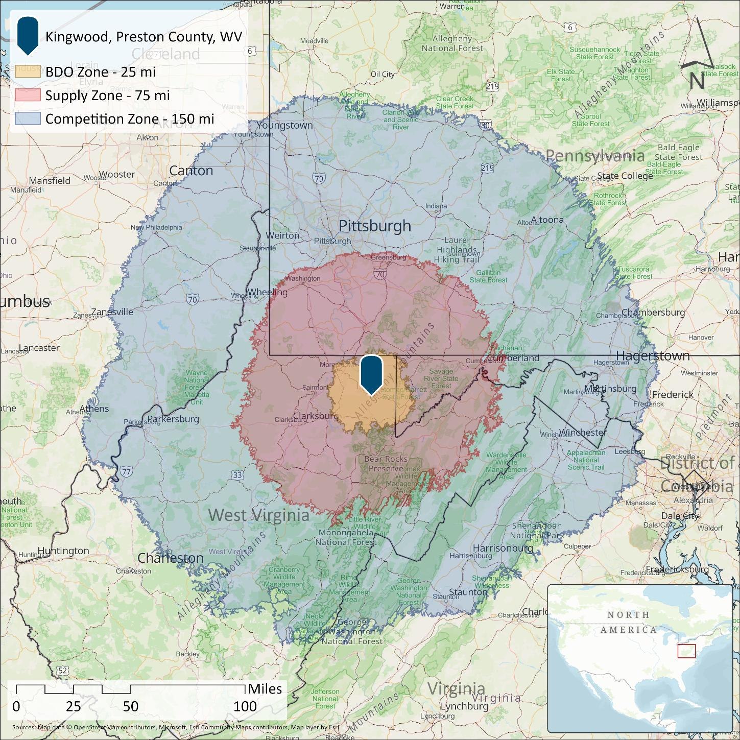 BDO Zone (25 mi), Supply Zone (75 mi) and Competition Zone (150 mi) with Kingwood as the center point